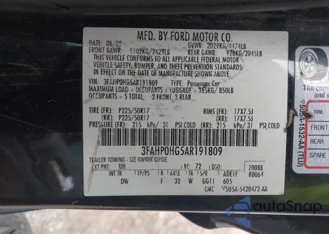 2010 Ford Fusion Se z USA, uszkodzony, nr VIN 3FAHP0HG5AR191809